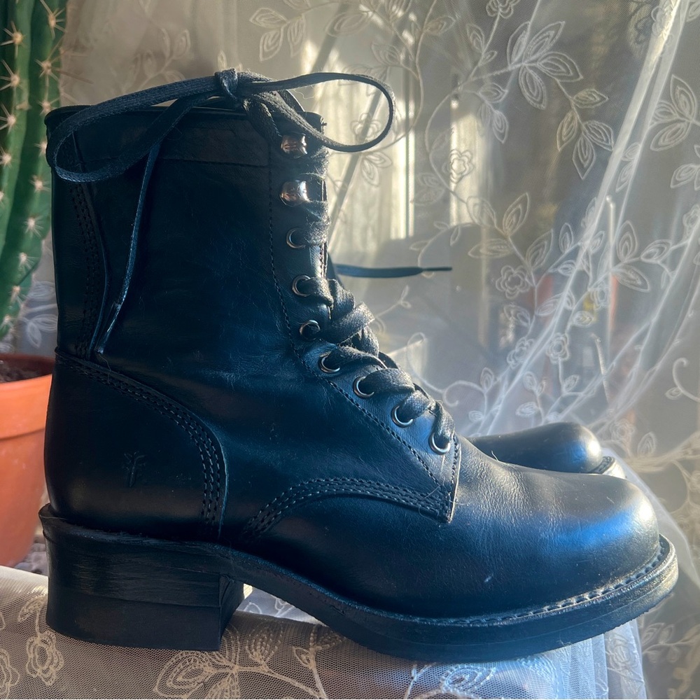 Frye Black Leather Combat Boots